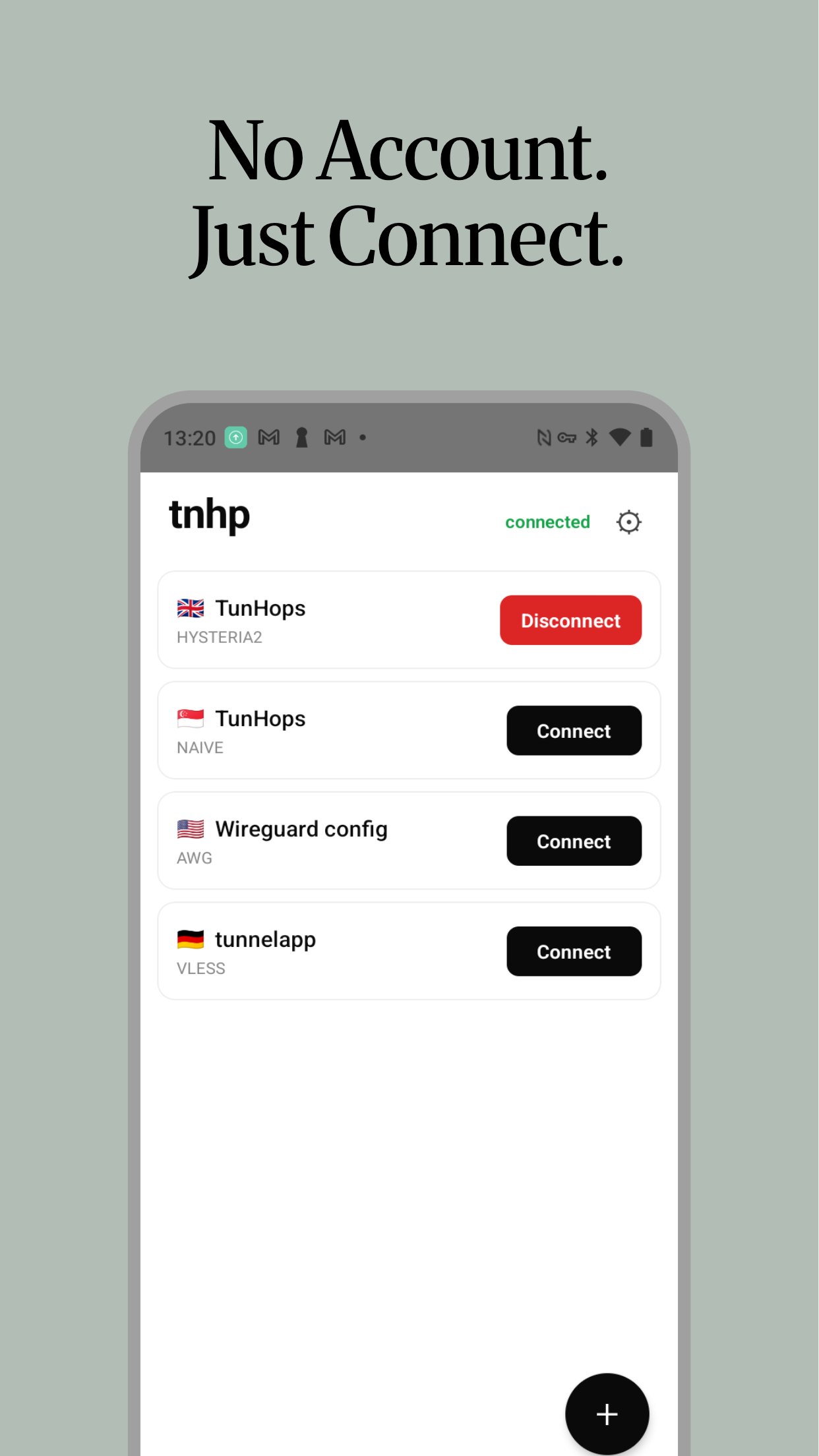 tnhp для Android — список подключений VLESS, Hysteria2, AmneziaWG