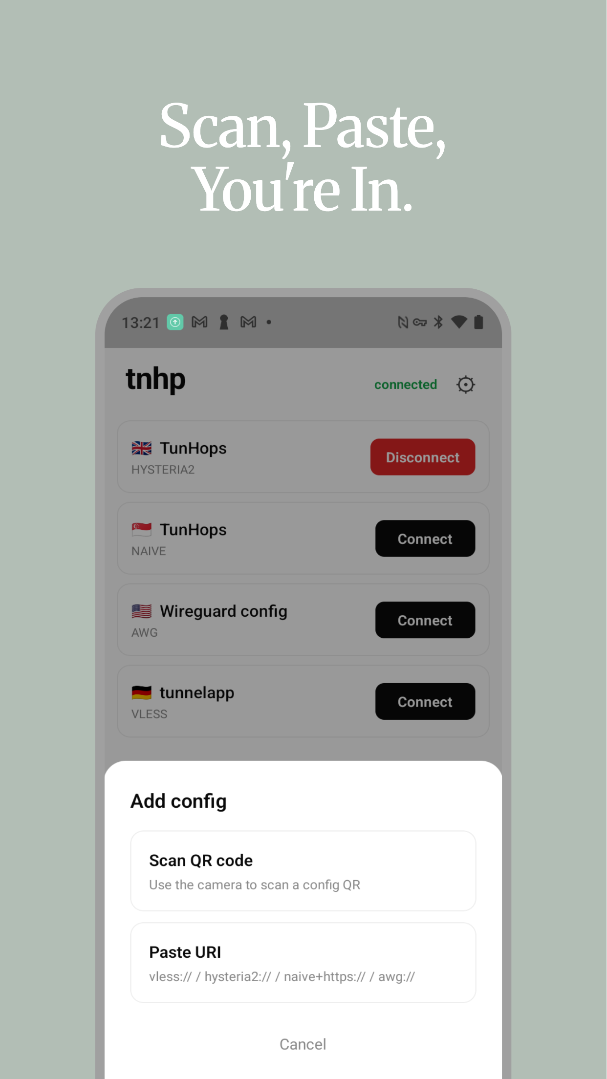 tnhp для Android — вставка URI конфигурации или сканирование QR
